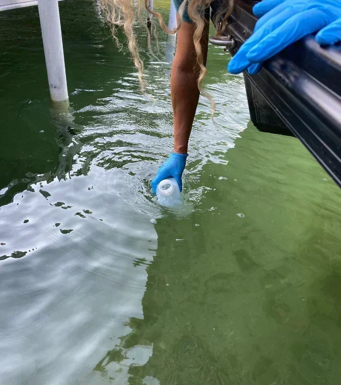 Person with blue gloves collecting lake water sample for Lake Pulse testing kit