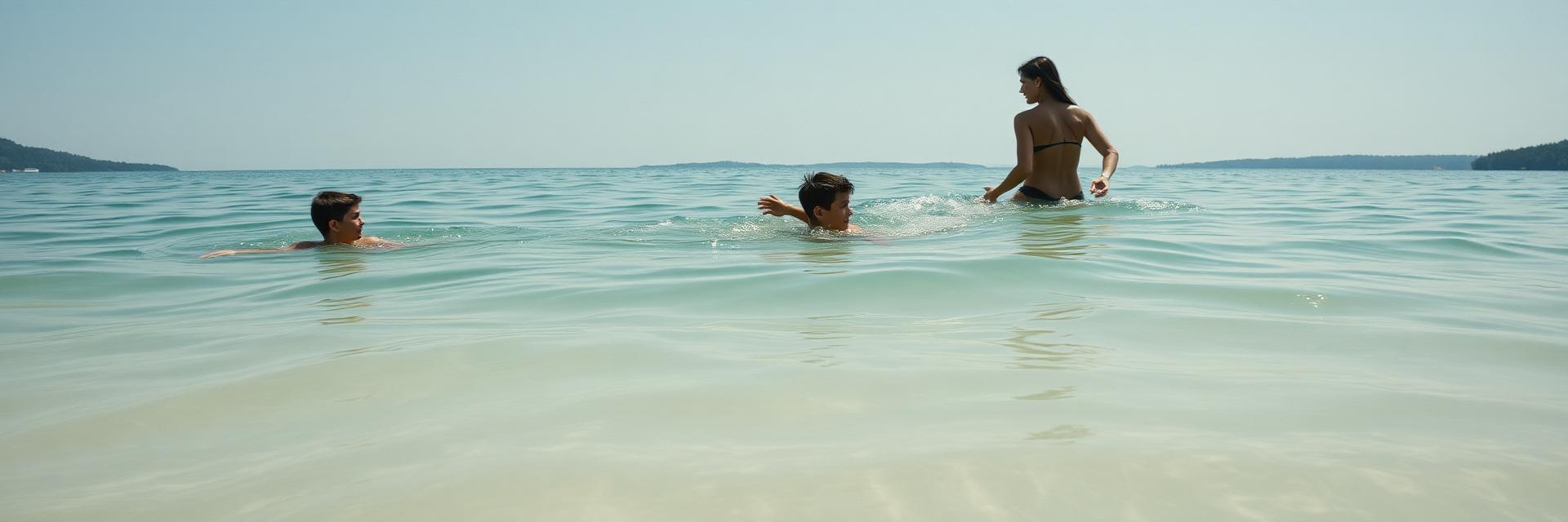 A family swimming at a sandy lake beach on a summer afternoon