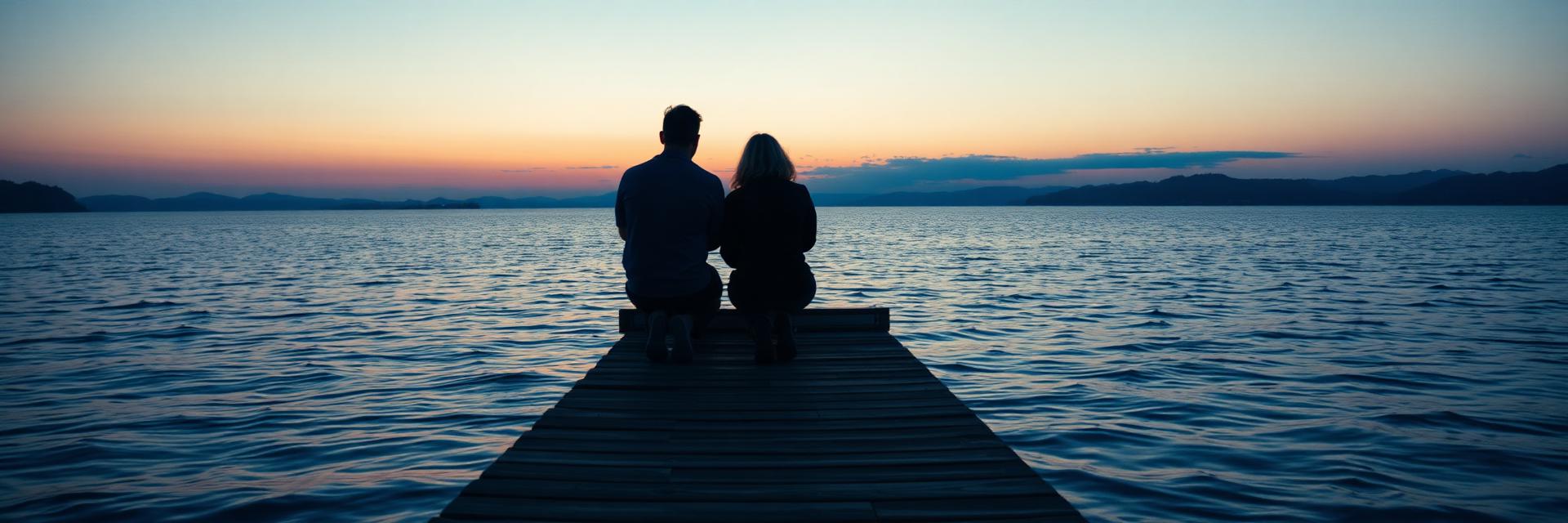 Two people sitting at the end of a dock at dusk