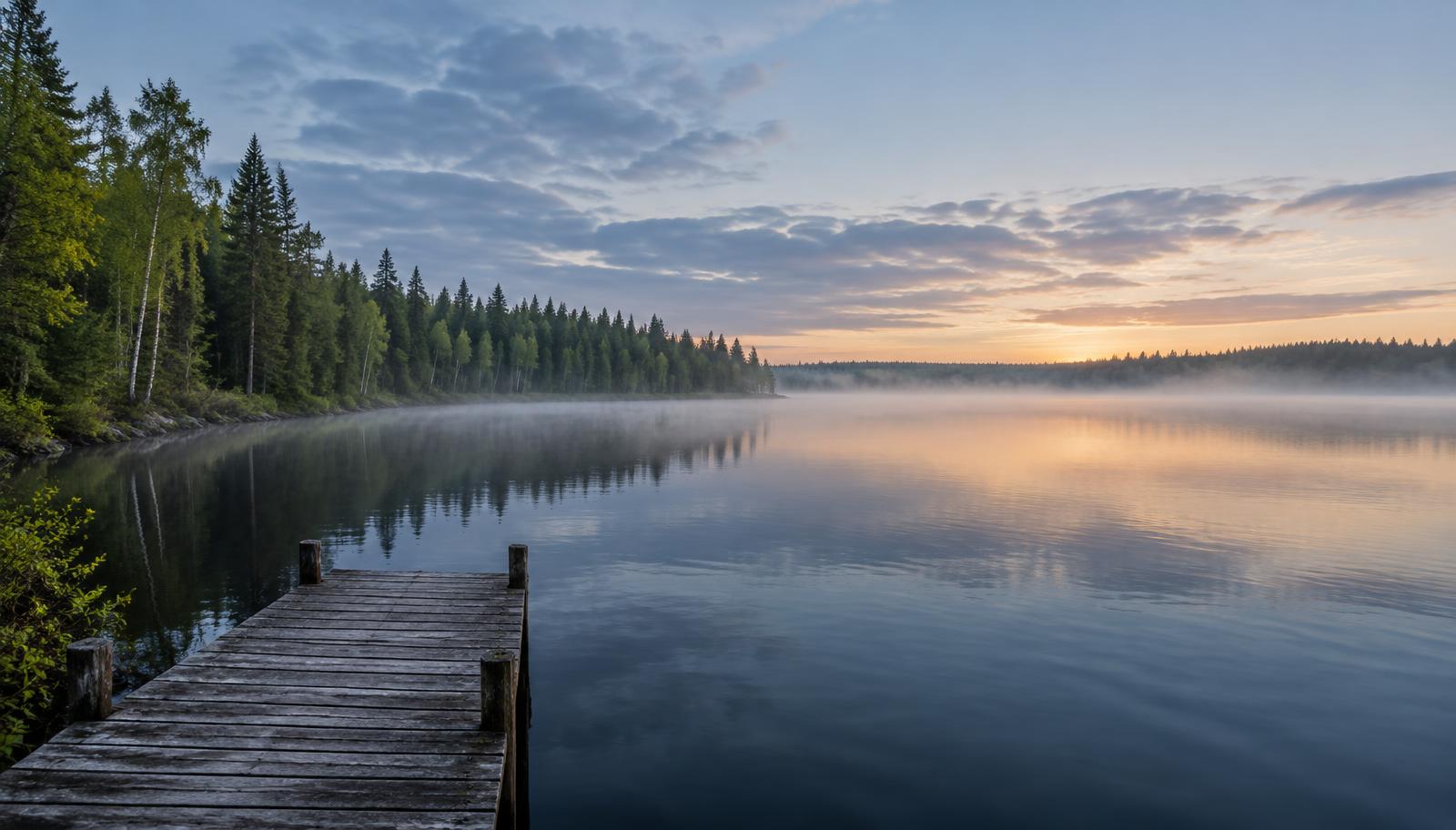 A quiet north-woods lake and empty wooden dock at dawn