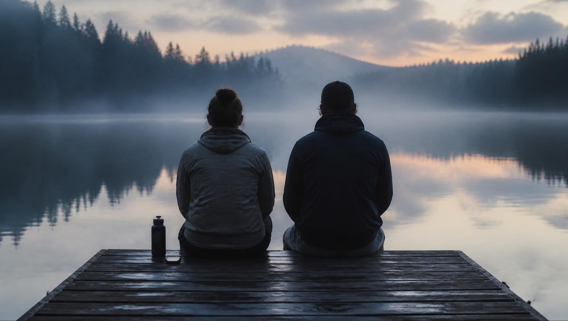 An empty dock on a quiet lake