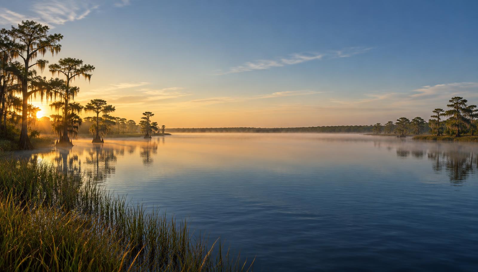 A Florida lake at sunrise framed by cypress trees and shoreline reeds