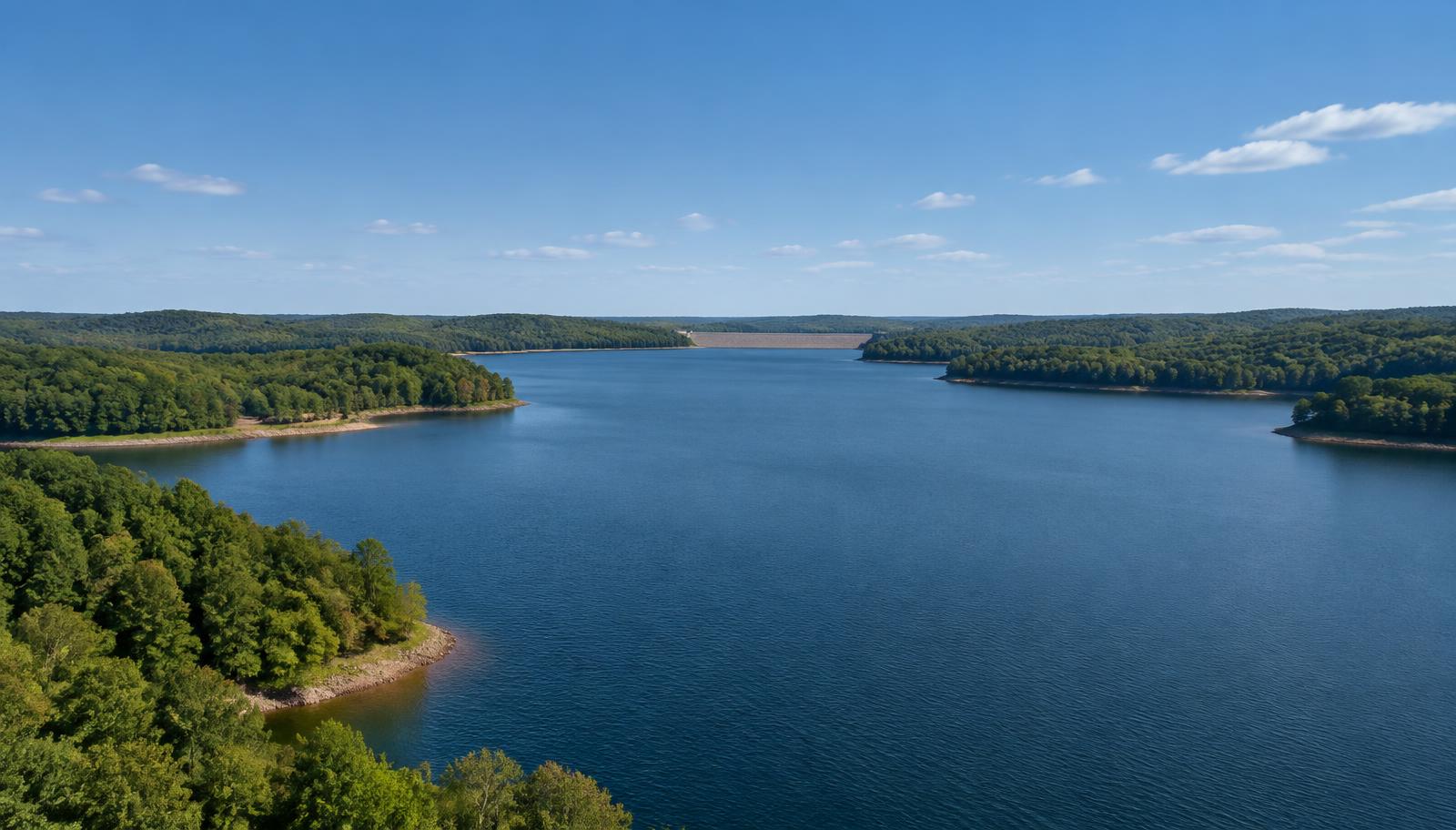 A branching inland reservoir viewed from a rocky overlook