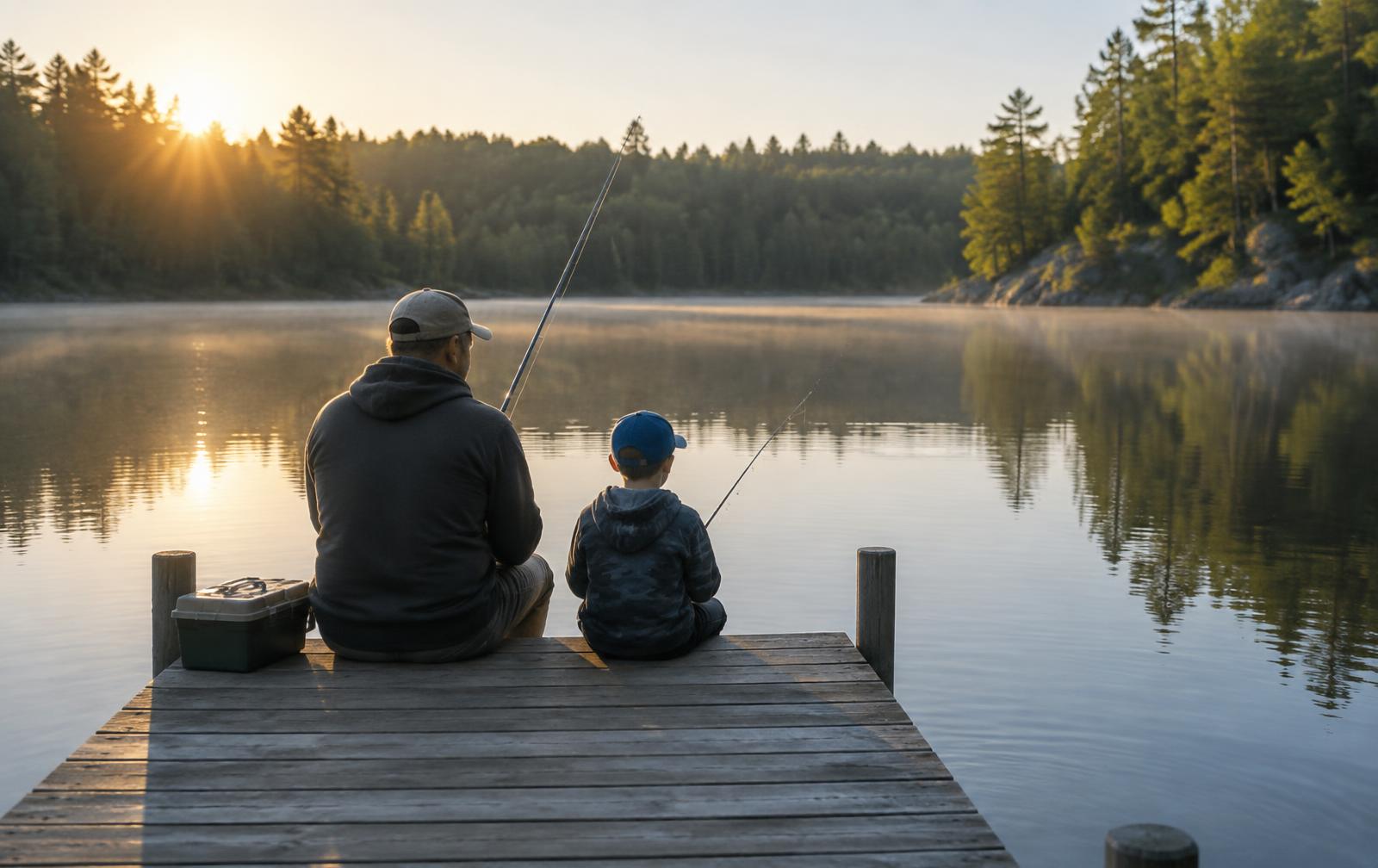 A father and young son fishing together from a wooden dock on a calm north-woods lake