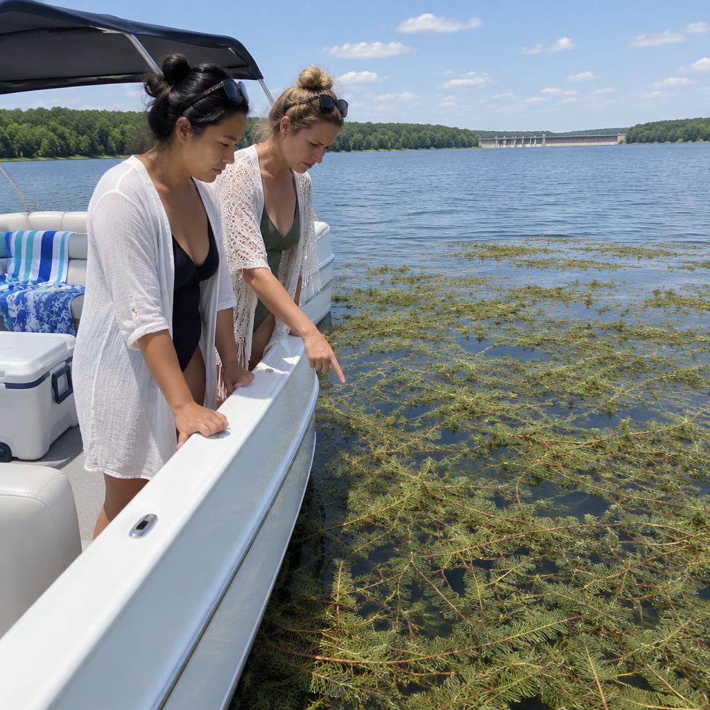 Two women in bathing suits on a white party boat, serious, pointing down at a major weed bed on a reservoir