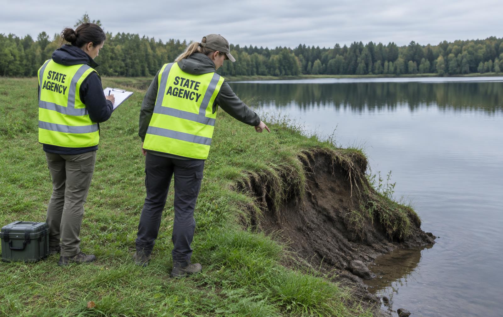 Two state agency workers examining shoreline erosion on a lake bank