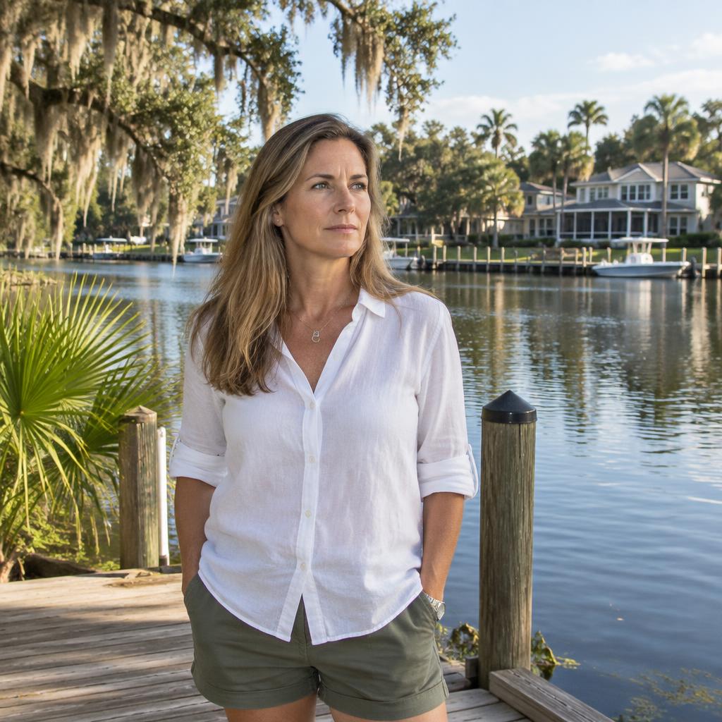 Lake homeowner on a Florida dock with lake houses across the water