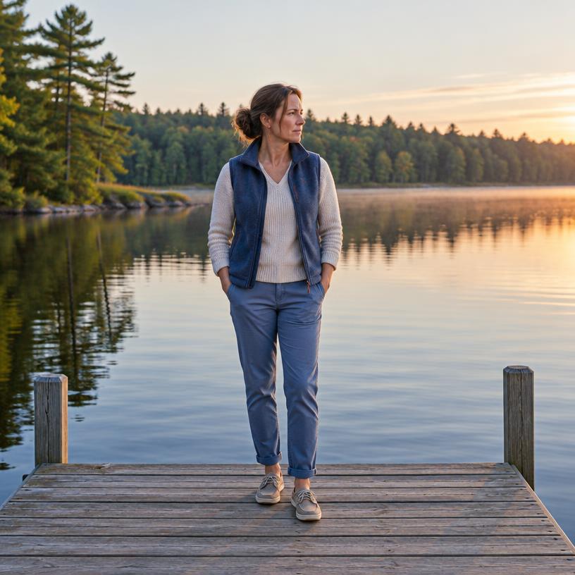 Lake homeowner standing on a wooden dock