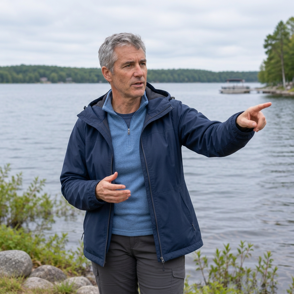 Lake association leader pointing across a north-woods lake