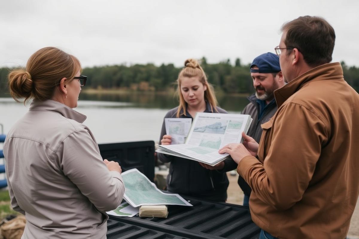 A field team reviewing lake data across a portfolio of waterbodies