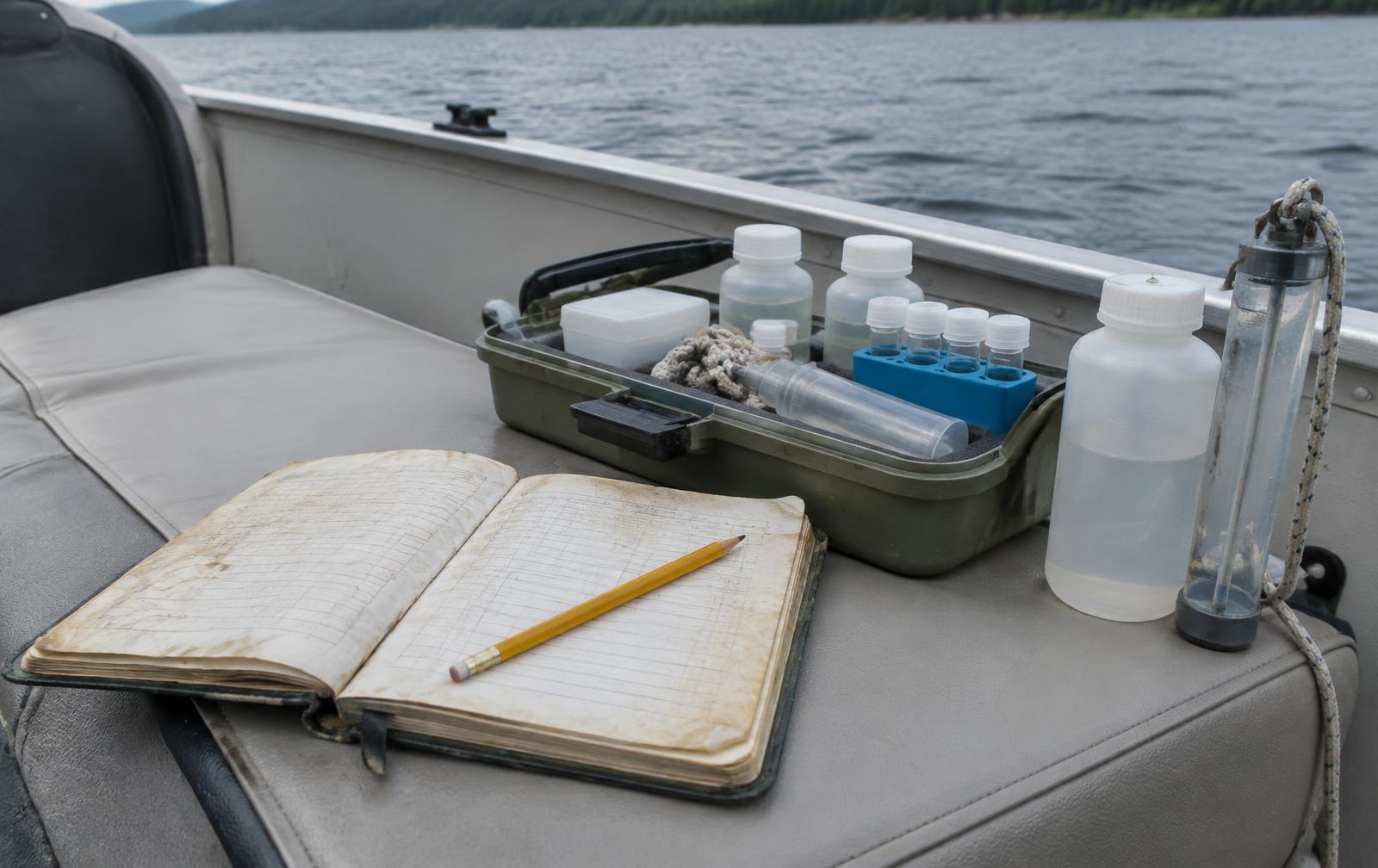 A field logbook, pencil, and water sampling kit on a boat seat